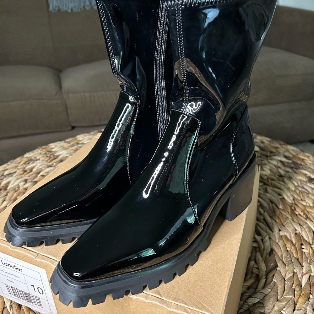Lattelier Black Patent Leather Women's Lug Sole Boots